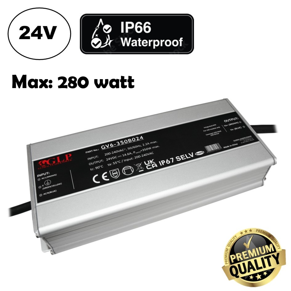 GLP Premium IP67 Waterproof Led Strip voeding 24V/350W/14,6A, Max: 280w, Afm:225x97x42 mm, 3 Jaar Garantie
