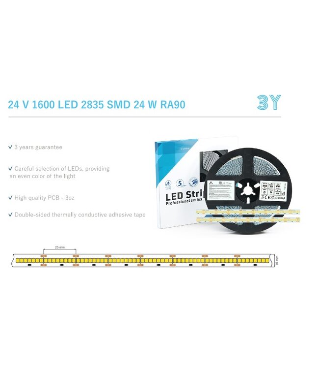 High Lumen Led Strip ROL 5 Meter, 24w/m, 320 led/m, 2900-3155Lm/m (130lm/w), 24v, CRI90, IP20, 10mm, 3 Jaar garantie