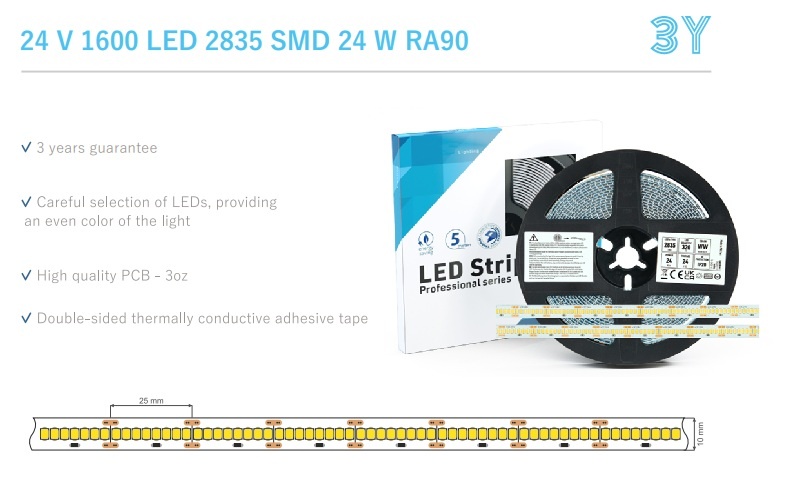 High Lumen Led Strip ROL 5 Meter, 24w/m, 320 led/m, 2900-3155Lm/m (130lm/w), 24v, CRI90, IP20, 10mm, 3 Jaar garantie, foto 3 van 6