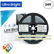 High Lumen Led Strip ROL 5 Meter, 24w/m, 320 led/m, 2900-3155Lm/m (130lm/w), 24v, CRI90, IP20, 10mm, 3 Jaar garantie