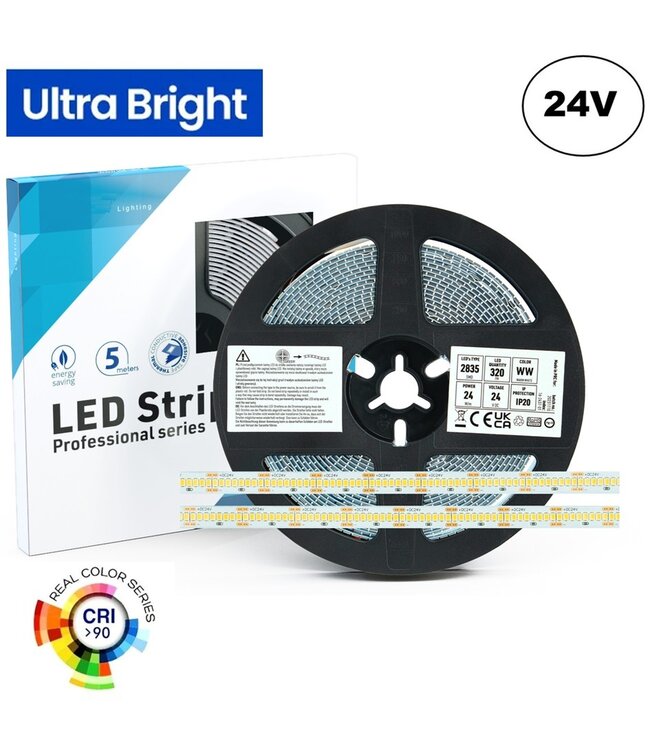 High Lumen Led Strip ROL 5 Meter, 24w/m, 320 led/m, 2900-3155Lm/m (130lm/w), 24v, CRI90, IP20, 10mm, 3 Jaar garantie