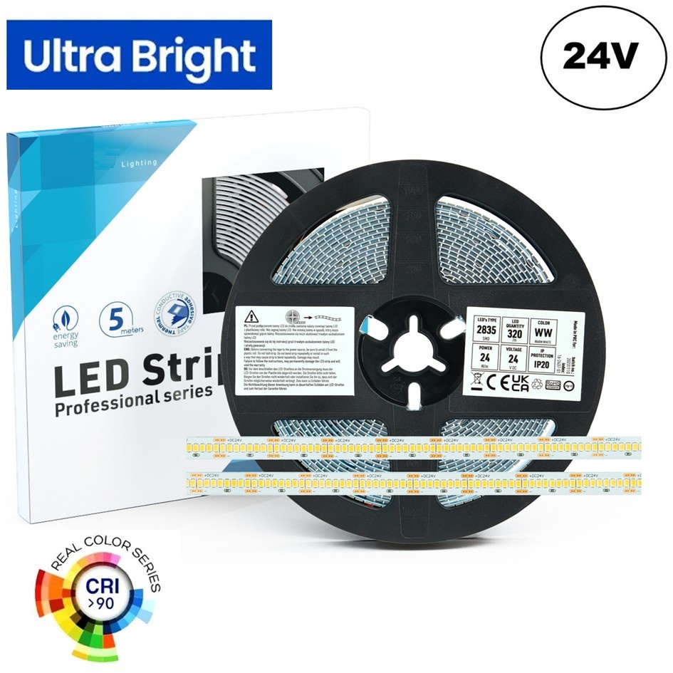 High Lumen Led Strip ROL 5 Meter, 24w/m, 320 led/m, 2900-3155Lm/m (130lm/w), 24v, CRI90, IP20, 10mm, 3 Jaar garantie, foto 2 van 6