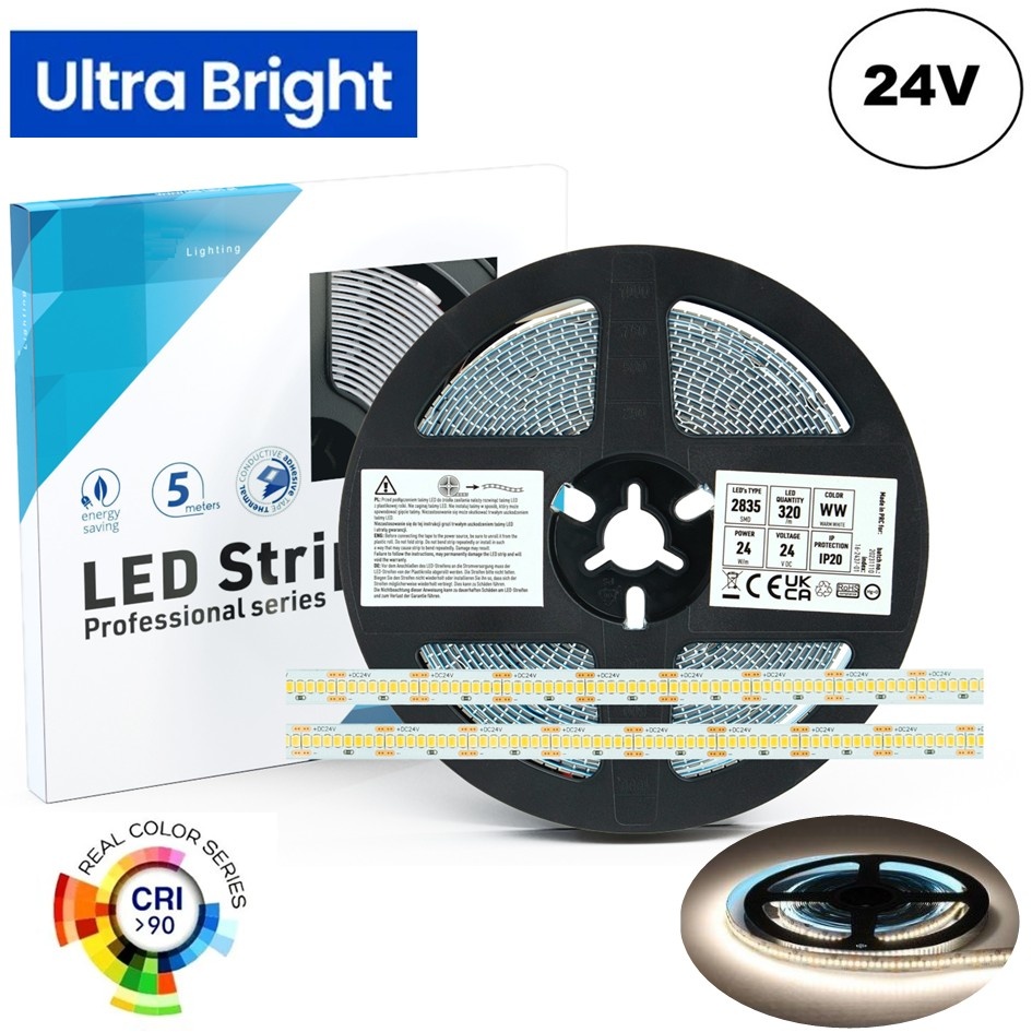 High Lumen Led Strip ROL 5 Meter, 24w/m, 320 led/m, 2900-3155Lm/m (130lm/w), 24v, CRI90, IP20, 10mm, 3 Jaar garantie