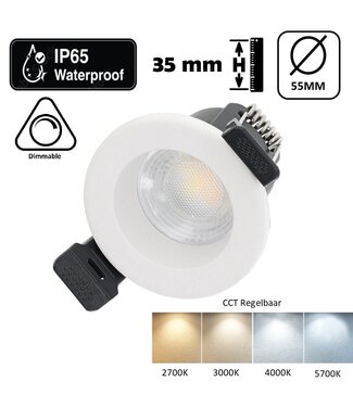 Inbouw LED Spot 4w Mini, 380 Lumen, CCT Switch (2700K/3000K/4000K/5700K), IP65, Dimbaar, Wit Armatuur, Gatmaat 40-45mm, 2 Jaar Garantie