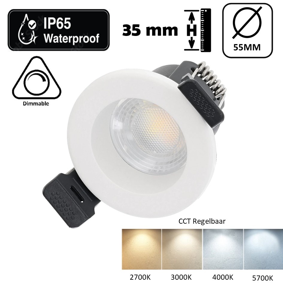 Inbouw LED Spot 4w Mini, 380 Lumen, CCT Switch (2700K/3000K/4000K/5700K), IP65, Dimbaar, Wit Armatuur, Gatmaat 40-45mm, 2 Jaar Garantie
