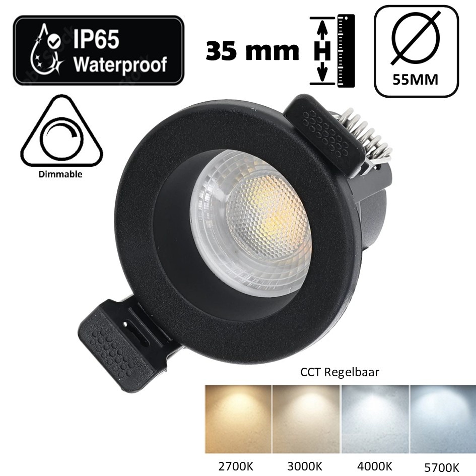 Inbouw LED Spot 4w Mini, 380 Lumen, CCT Switch (2700K/3000K/4000K/5700K), IP65, Dimbaar, Zwart Armatuur, Gatmaat 40-45mm, 2 Jaar Garantie