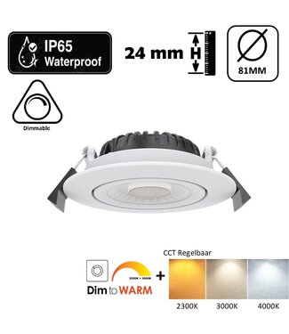 Inbouw LED Spot 5/7w Luxe, 475/665 Lumen, CCT + DimToWarm Switch (2300K/3000K/4000K + Dim To Warm), Kantelbaar, IP65, Dimbaar, Wit Armatuur, Gatmaat 70mm, 3 Jaar Garantie