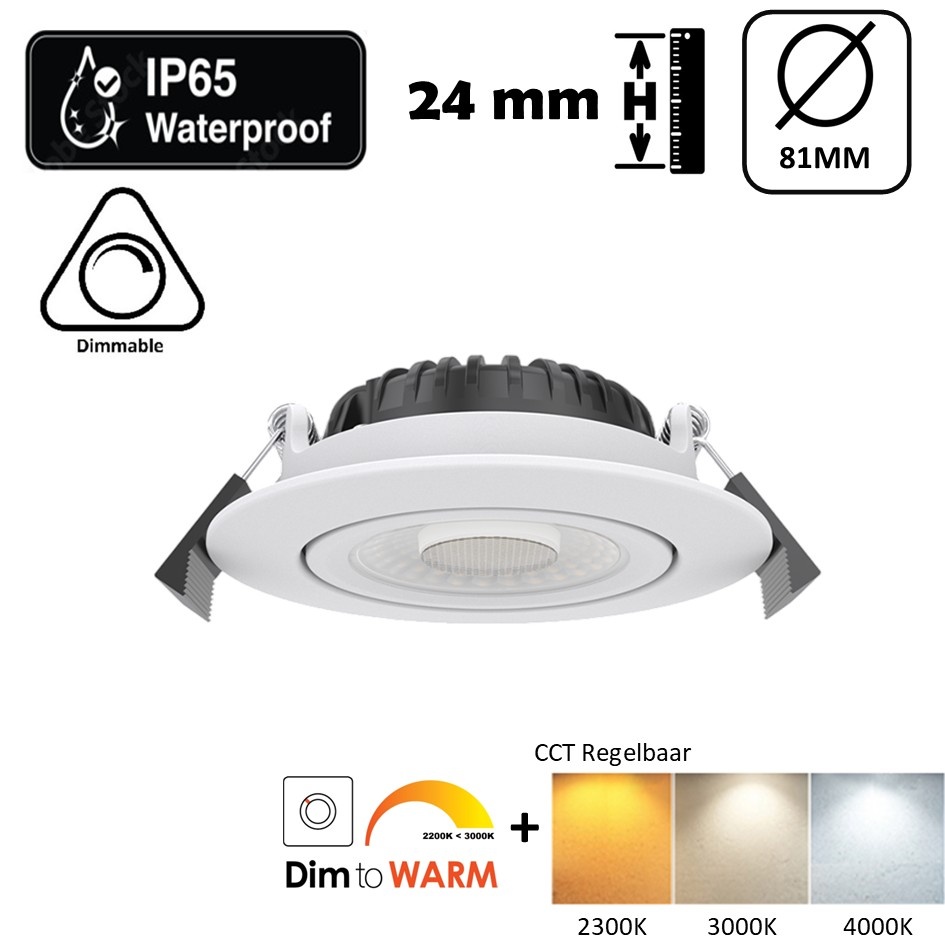 Inbouw LED Spot 5/7w Luxe, 475/665 Lumen, CCT + DimToWarm Switch (2300K/3000K/4000K + Dim To Warm), Kantelbaar, IP65, Dimbaar, Wit Armatuur, Gatmaat 70mm, 3 Jaar Garantie