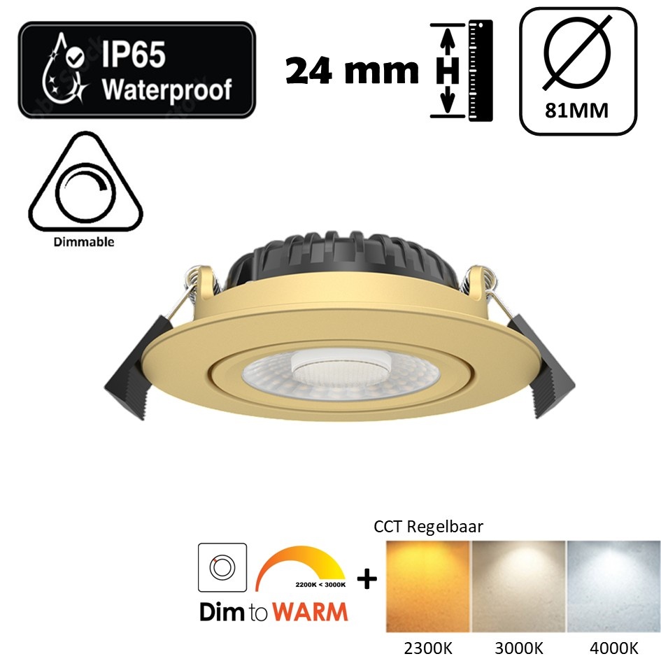 Inbouw LED Spot 5/7w Luxe, 475/665 Lumen, CCT + DimToWarm Switch (2300K/3000K/4000K + Dim To Warm), Kantelbaar, IP65, Dimbaar, Messing Armatuur, Gatmaat 70mm, 3 Jaar Garantie