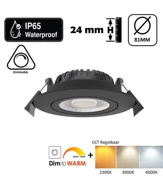 Inbouw LED Spot 5/7w Luxe, 475/665 Lumen, CCT + DimToWarm Switch (2300K/3000K/4000K + Dim To Warm), Kantelbaar, IP65, Dimbaar, Zwart Armatuur, Gatmaat 70mm, 3 Jaar Garantie