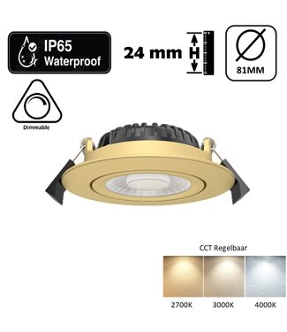 Inbouw LED Spot 5/7w Luxe, 475/665 Lumen, CCT (2700K/3000K/4000K), Kantelbaar, IP65, Dimbaar, Messing Armatuur, Gatmaat 70mm, 3 Jaar Garantie