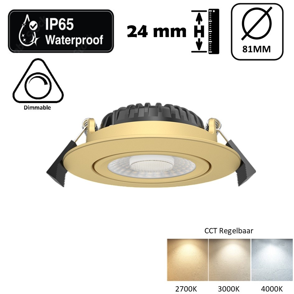 Inbouw LED Spot 5/7w Luxe, 475/665 Lumen, CCT (2700K/3000K/4000K), Kantelbaar, IP65, Dimbaar, Messing Armatuur, Gatmaat 70mm, 3 Jaar Garantie