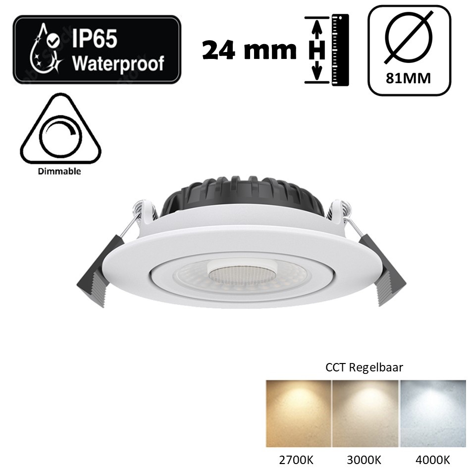 Inbouw LED Spot 5/7w Luxe, 475/665 Lumen, CCT (2700K/3000K/4000K), Kantelbaar, IP65, Dimbaar, Wit Armatuur, Gatmaat 70mm, 3 Jaar Garantie