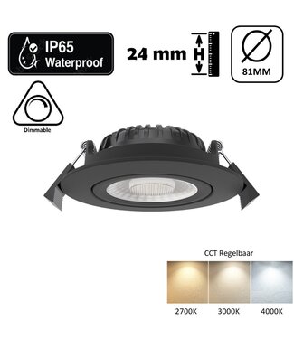 Inbouw LED Spot 5/7w Luxe, 475/665 Lumen, CCT (2700K/3000K/4000K), Kantelbaar, IP65, Dimbaar, Zwart Armatuur, Gatmaat 70mm, 3 Jaar Garantie