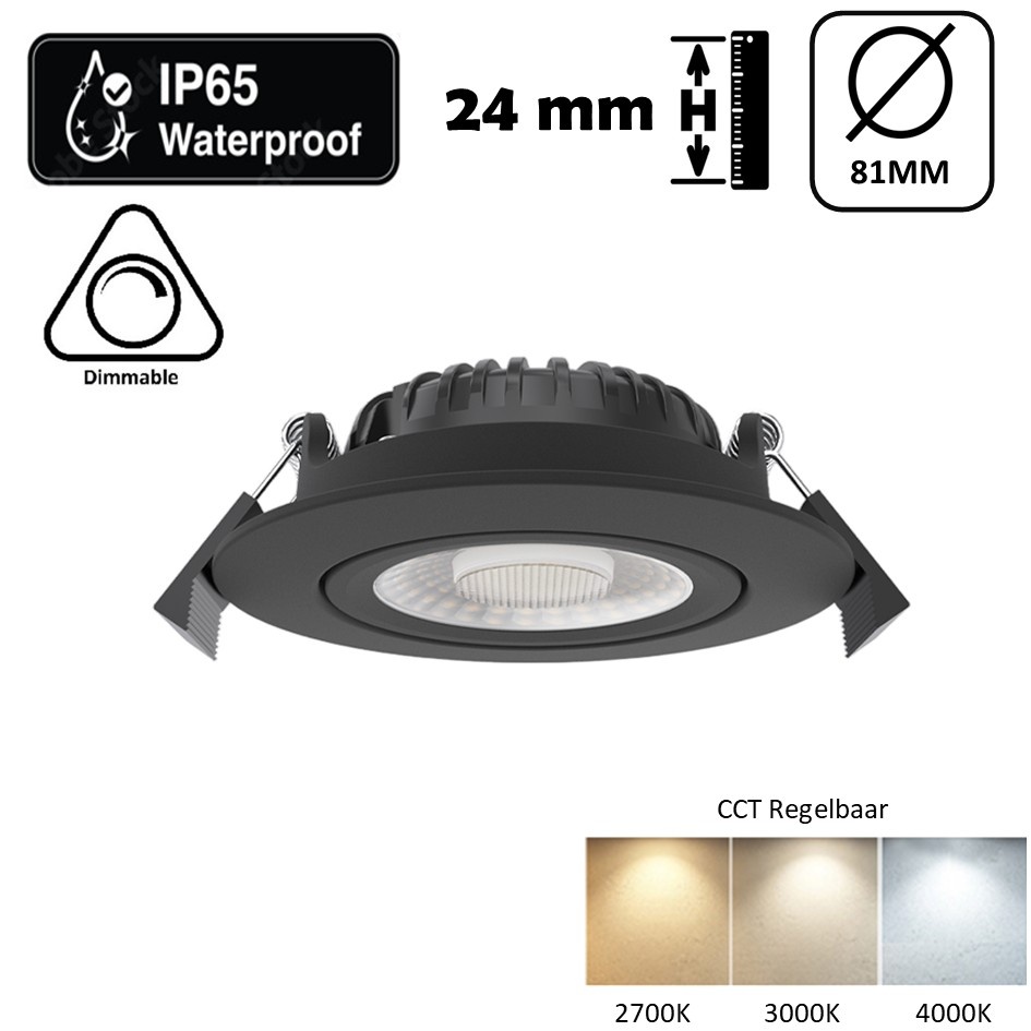 Inbouw LED Spot 5/7w Luxe, 475/665 Lumen, CCT (2700K/3000K/4000K), Kantelbaar, IP65, Dimbaar, Zwart Armatuur, Gatmaat 70mm, 3 Jaar Garantie