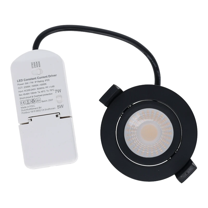 Inbouw LED Spot 5/7w Luxe, 475/665 Lumen, CCT + DimToWarm Switch (2300K/3000K/4000K + Dim To Warm), Kantelbaar, IP65, Dimbaar, Zwart Armatuur, Gatmaat 70mm, 3 Jaar Garantie, foto 3 van 6