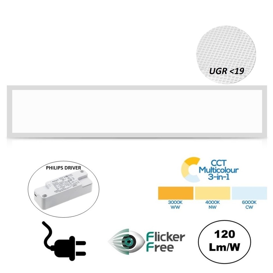 FLAT UGR19 LED Paneel 150x30cm, 10-42w, 120 Lumen/watt, Color Switch (3000/4000/6000K), Flikkervrije Philips LED Driver, Stekkerklaar, 5 Jaar Garantie