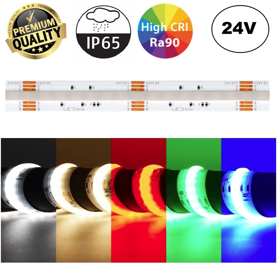 Premium Led Strip ROL 5 Meter COB, 16w/m, 840 led/m, RGB+CCT (2700K>6500K), CRI90, 24v, IP65, 12mm, 3 Jaar garantie