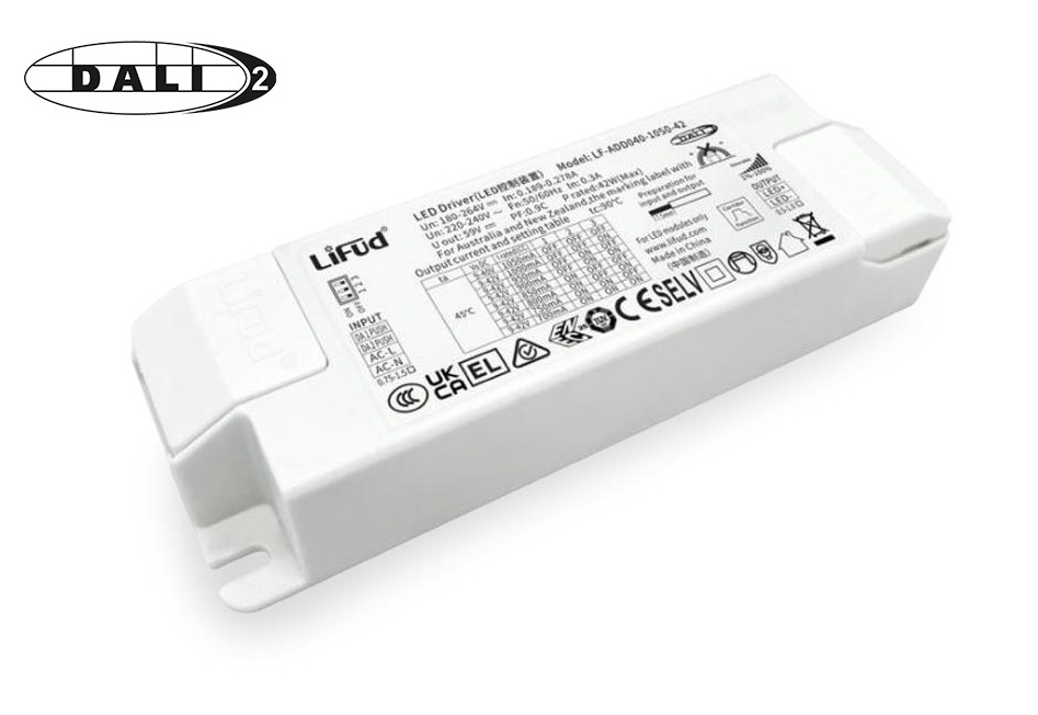 LIFUD flash free DALI-2 Dimbare LED Driver | Dip-Switch: 700-1050mA | 9-42V max: 29-42W | 3 Jaar Garantie