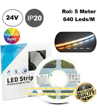 Premium Led Strip COB CCT ROL 5 Meter, 16w/m, 640 led/m, 420Lm/m, CCT (1800K tot 5000K), 24v, IP20, CRI90, 10mm, 3 Jaar garantie