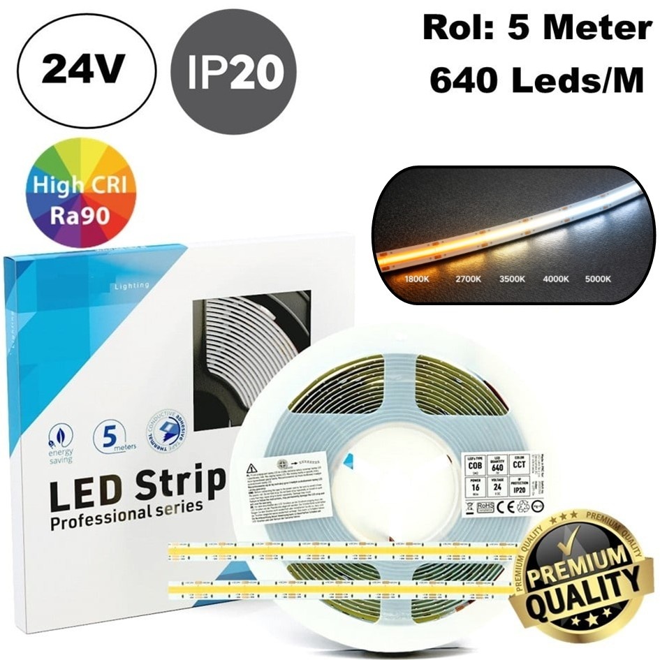 Premium Led Strip COB CCT ROL 5 Meter, 16w/m, 640 led/m, 420Lm/m, CCT (1800K tot 5000K), 24v, IP20, CRI90, 10mm, 3 Jaar garantie