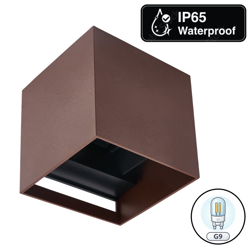 Wandlamp Cube met G9 Fitting, P65, Roestbruin/Koperbruin