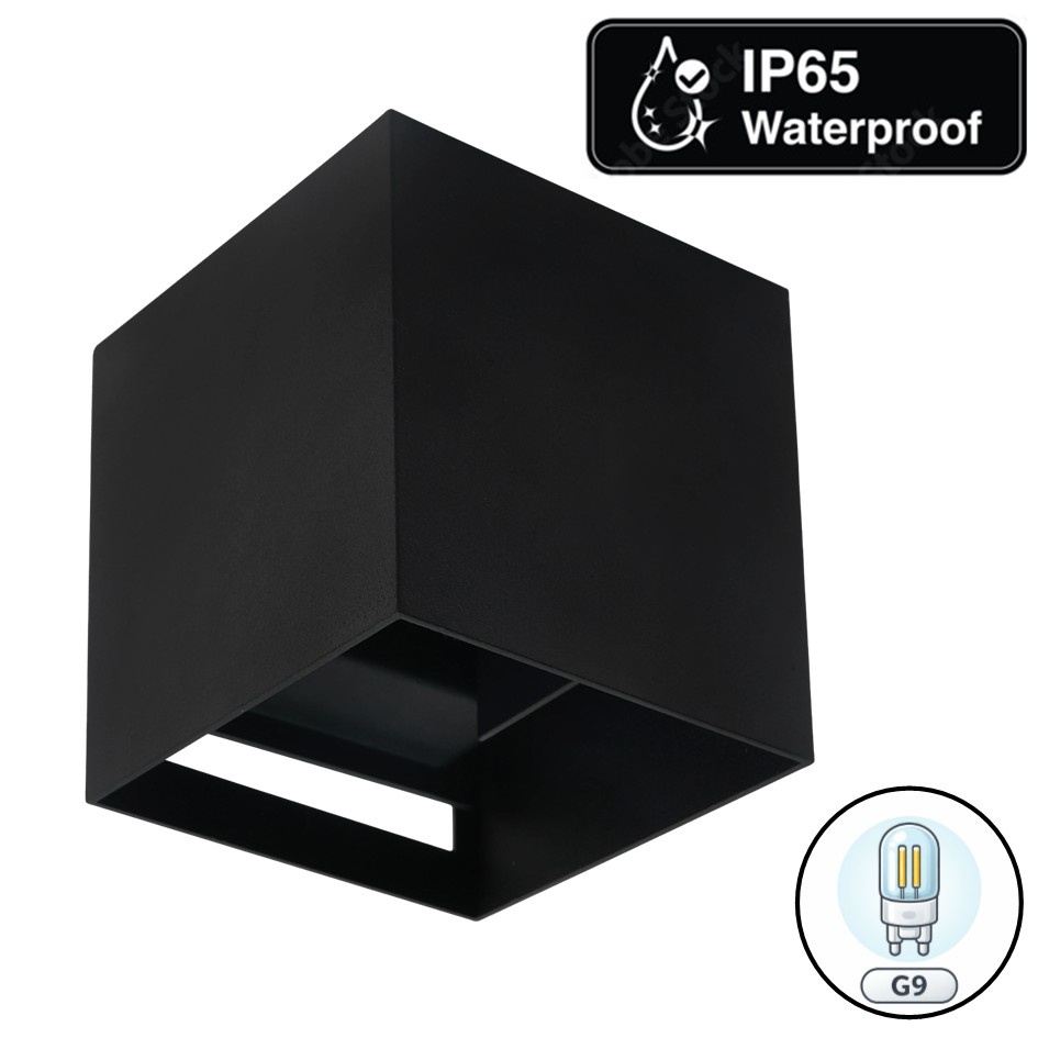 Wandlamp Cube met G9 Fitting, P65, Zwart