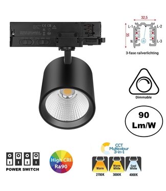 3 Fase LED Rail Spot JAS Koker, TRIAC-Dimbaar,  Wattage switch: 10/20/30w,  CCT-Switch, 900 tot 2700 lumen, CRI>90, Zwarte Behuizing , 3 Jaar Garantie