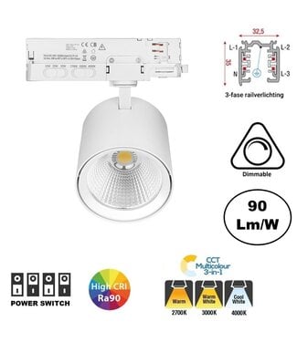 3 Fase LED Rail Spot JAS Koker, TRIAC-Dimbaar,  Wattage switch: 10/20/30w,  CCT-Switch, 900 tot 2700 lumen, CRI>90, Witte Behuizing , 3 Jaar Garantie