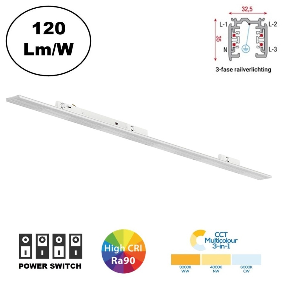 PRIME 3 Fase Rail Linear Lamp 120cm met Wattage switch: 30-42W, CCT-Switch, 3600 tot 5000 lumen, CRI>90, Witte Behuizing , 5 Jaar Garantie