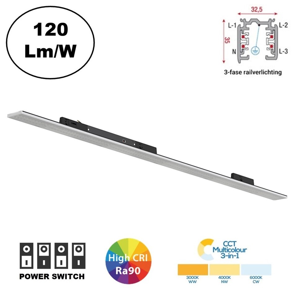 PRIME 3 Fase Rail Linear Lamp 120cm met Wattage switch: 30-42W, CCT-Switch, 3600 tot 5000 lumen, CRI>90, Zwarte Behuizing , 5 Jaar Garantie