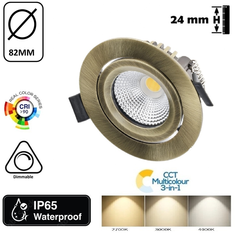 Inbouw LED Spot 6w Flat, 400 Lumen, CCT Switch (2700K/3000K/4000K), Kantelbaar, IP65, Dimbaar, CRI90, Brons Armatuur, Gatmaat 68-72mm, 2 Jaar Garantie