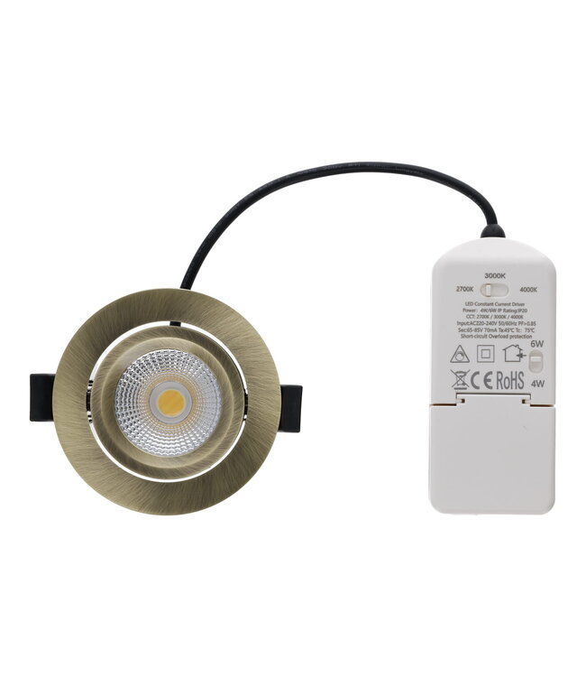 Inbouw LED Spot 6w Flat, 400 Lumen, CCT Switch (2700K/3000K/4000K), Kantelbaar, IP65, Dimbaar, CRI90, Brons Armatuur, Gatmaat 68-72mm, 2 Jaar Garantie