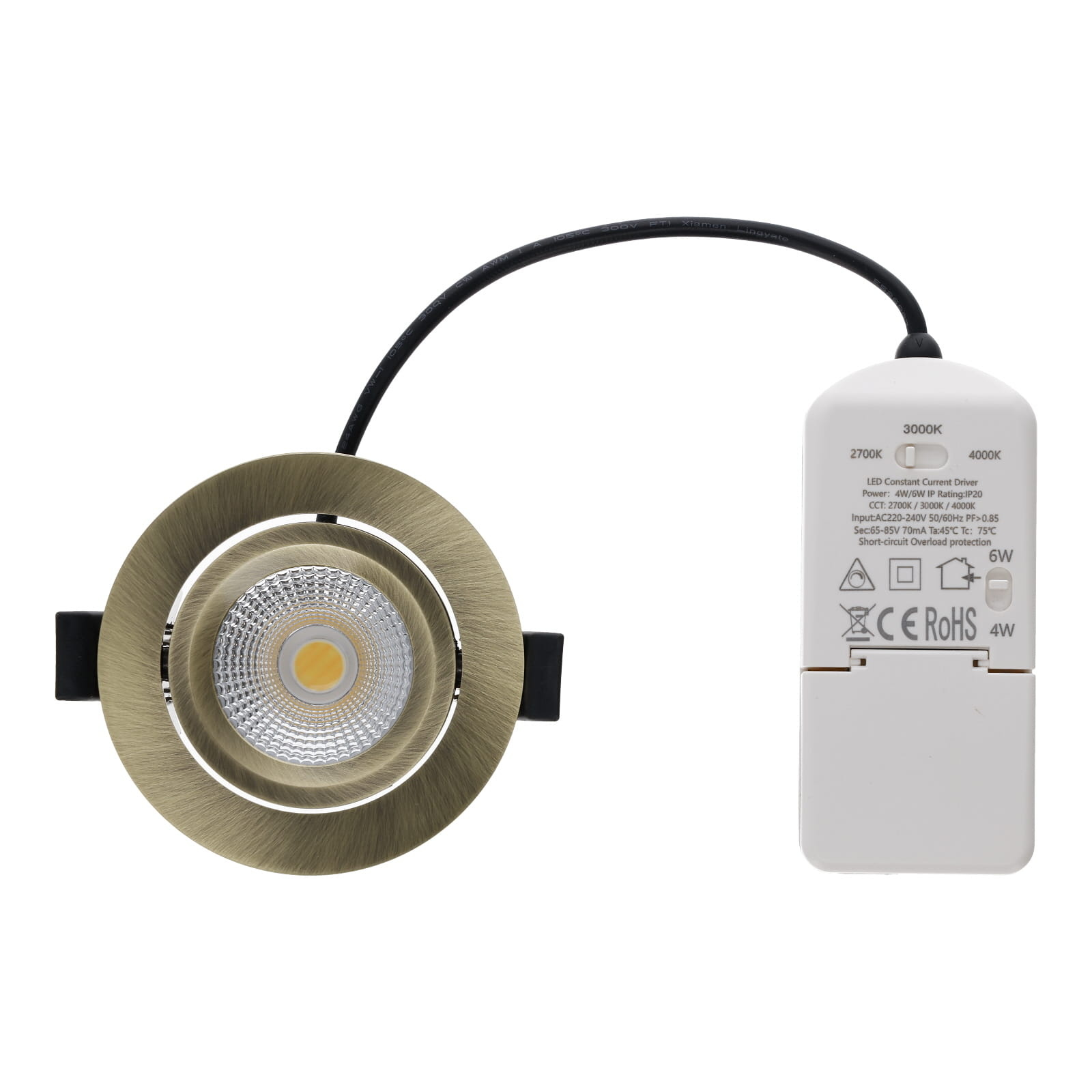 Inbouw LED Spot 6w Flat, 400 Lumen, CCT Switch (2700K/3000K/4000K), Kantelbaar, IP65, Dimbaar, CRI90, Brons Armatuur, Gatmaat 68-72mm, 2 Jaar Garantie, foto 4 van 6