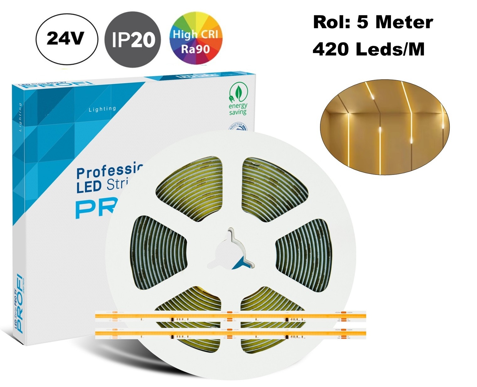 Premium SPI/Digital Led Strip ROL 5 Meter COB, CRI90, 11w/m, 420 led/m, 900Lm/m, 24v, IP20, 10mm, 3 Jaar garantie