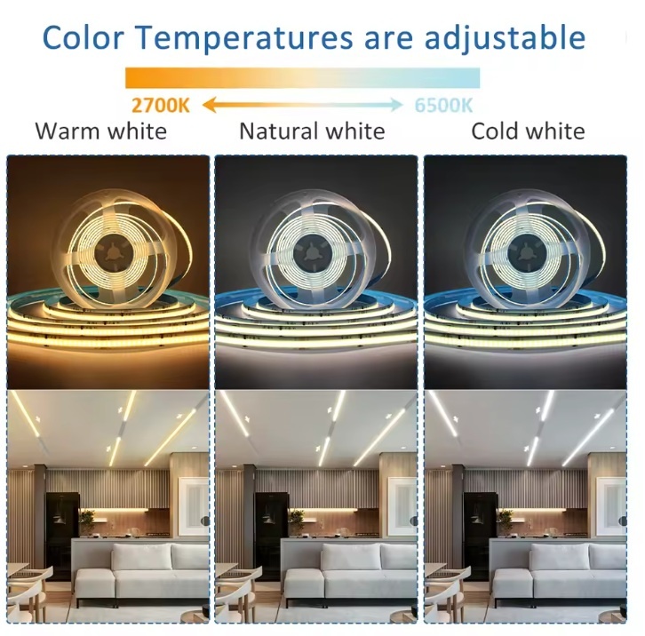 Premium SPI/Digital Led Strip ROL 5 Meter COB, CCT (2700K>6500K), CRI90, 7,2w/m, 560 led/m, 300Lm/m, 24v, IP20, 10mm, 3 Jaar garantie, foto 6 van 6