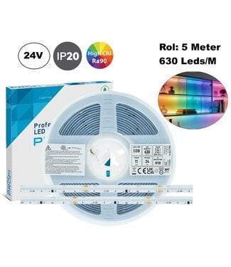 Premium SPI/Digital Led Strip ROL 5 Meter COB, RGB, CRI90, 11w/m, 630 led/m, 24v, IP20, 10mm, 3 Jaar garantie