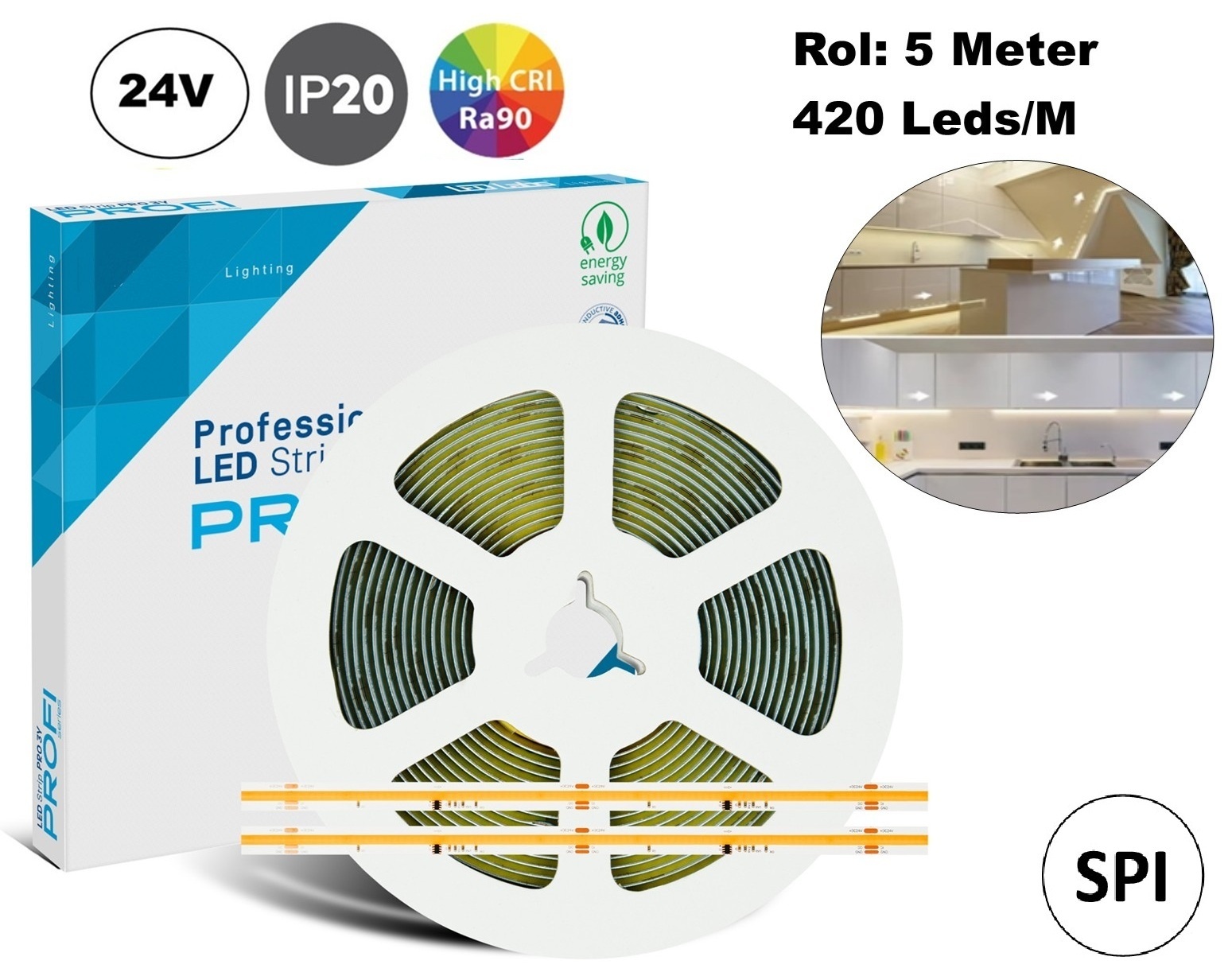 Premium SPI/Digital Led Strip ROL 5 Meter COB, CRI90, 11w/m, 420 led/m, 900Lm/m, 24v, IP20, 10mm, 3 Jaar garantie, foto 2 van 6
