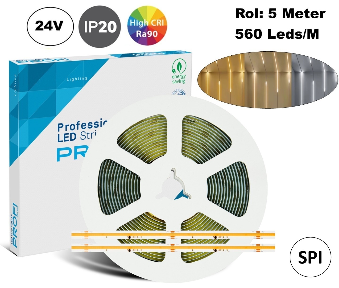 Premium SPI/Digital Led Strip ROL 5 Meter COB, CCT (2700K>6500K), CRI90, 7,2w/m, 560 led/m, 300Lm/m, 24v, IP20, 10mm, 3 Jaar garantie