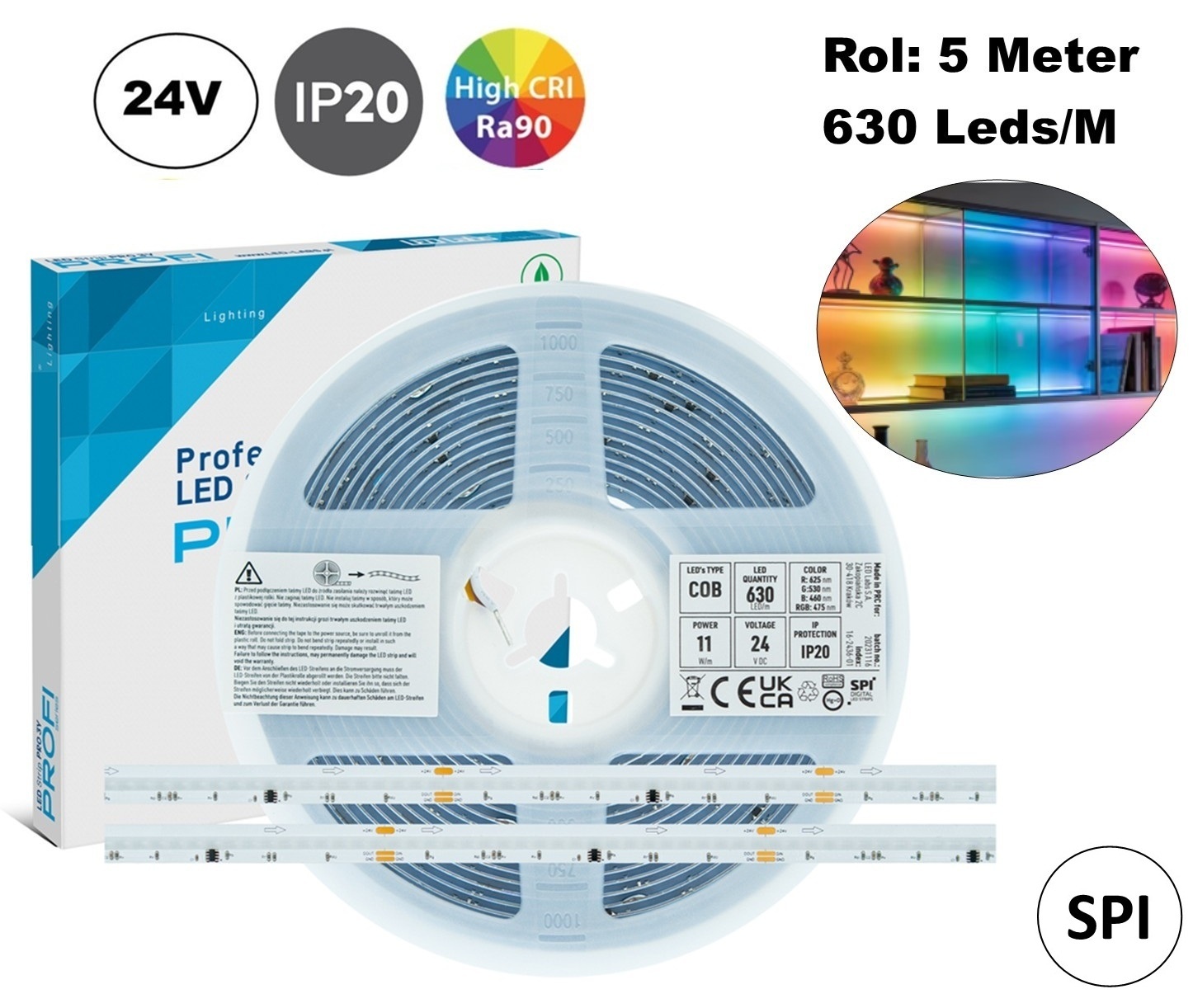 Premium SPI/Digital Led Strip ROL 5 Meter COB, RGB, CRI90, 11w/m, 630 led/m, 24v, IP20, 10mm, 3 Jaar garantie