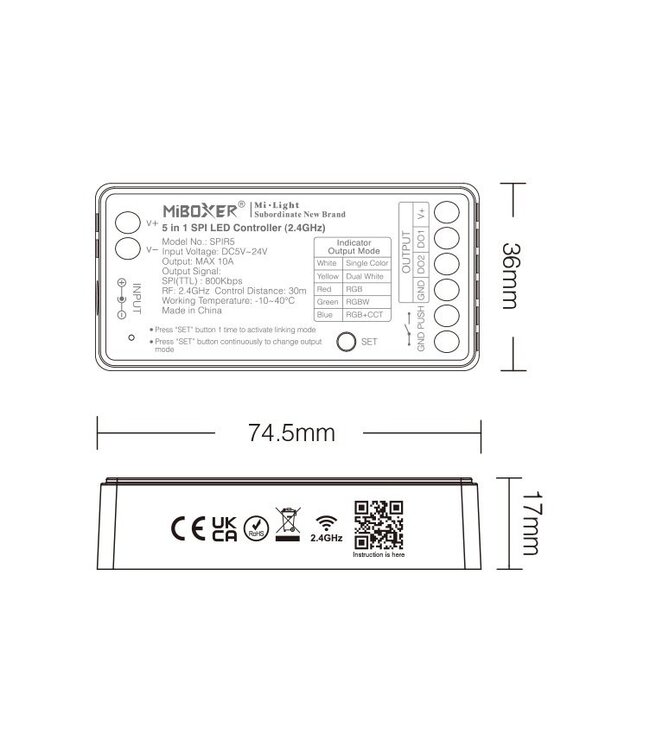 Miboxer SPIR5 - SPI / Digital LED Strip Controller | 5in1 Mono /  CCT /RGB / RGBW / RGBCCT | Max 10A | 2.4Ghz