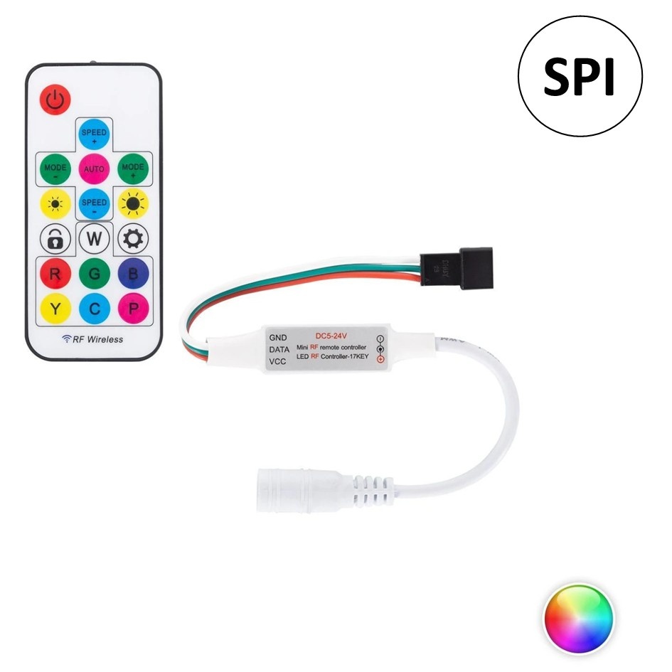 SPI Mini Controller met Afstandsbediening voor RGB SPI LED Strip - 5-24vDC