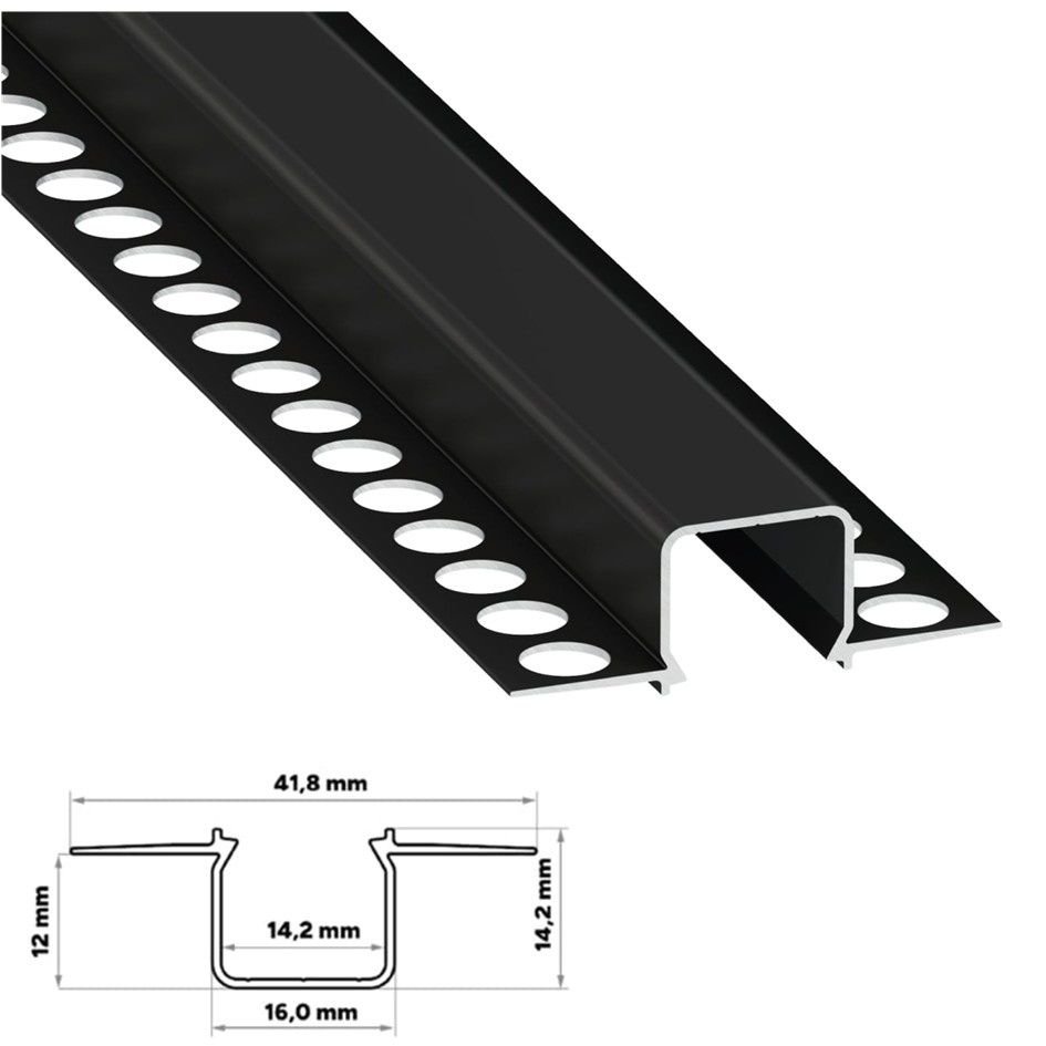 Stuc Aluminium Led Strip Profiel MOSSO tot 12mm LED Strips | ZWART | 16x12mm | Per 2 Meter