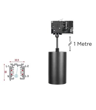 3 Fase Rail Hanglamp Zwart ACCENTPLUS | GU10 Fitting | 100X56MM Koker Verdiept | Zwartkleurige behuizing
