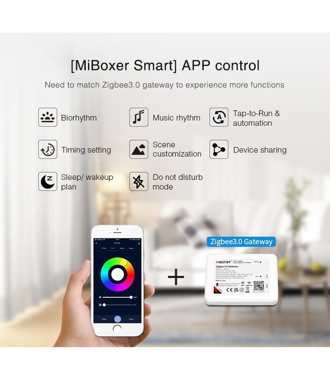 Miboxer Zigbee 3.0 + 2.4 Ghz, 5 in 1 LED Strip Controller Mono/CCT/RGB/RGB+W/RGB+CCT 12-24VDC, 12A, Werkt via Zigbee 3.0 / App / Wifi / 2.4Ghz