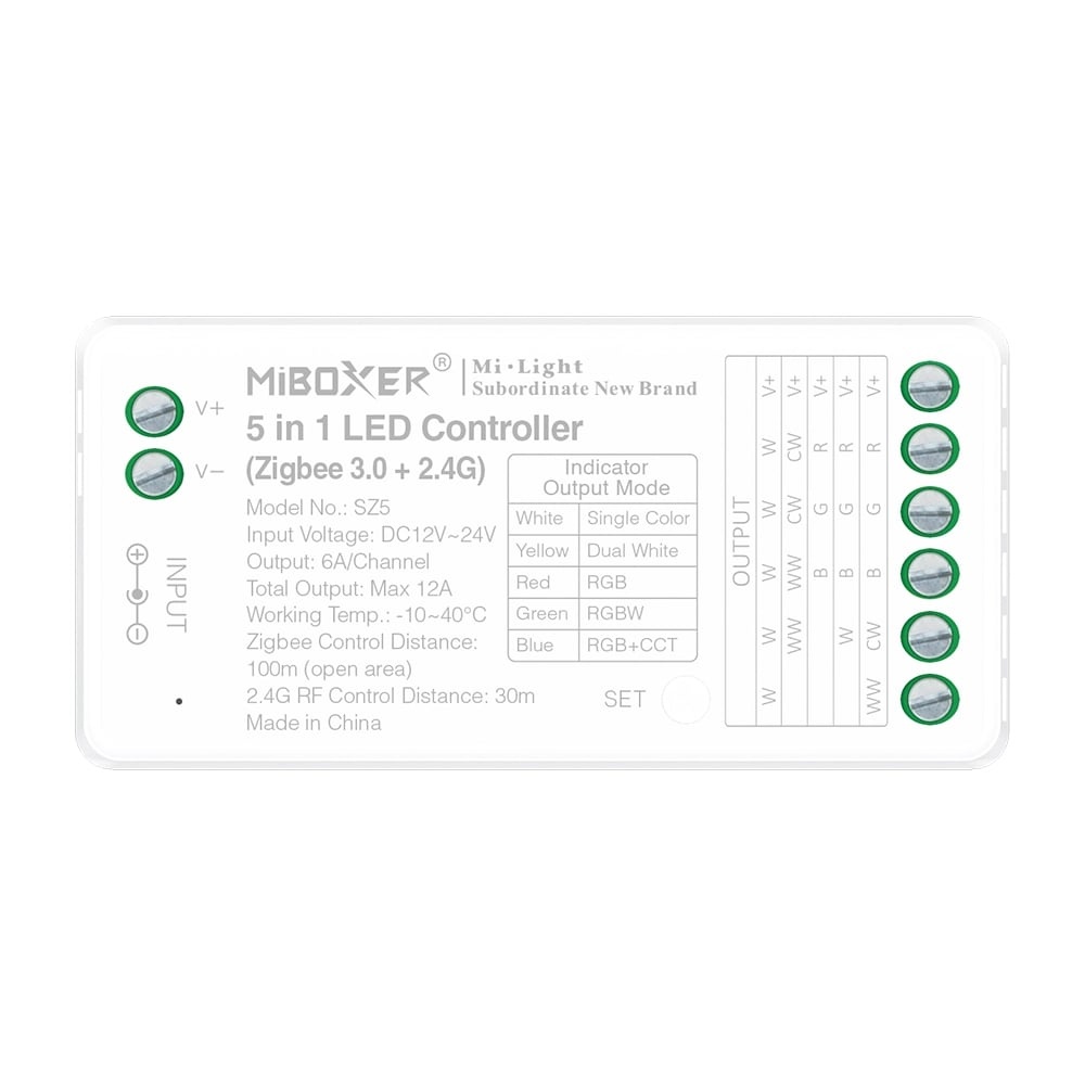 Miboxer Zigbee 3.0 + 2.4 Ghz, 5 in 1 LED Strip Controller Mono/CCT/RGB/RGB+W/RGB+CCT 12-24VDC, 12A, Werkt via Zigbee 3.0 / App / Wifi / 2.4Ghz - SZ5, foto 5 van 6