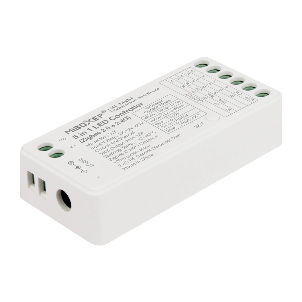Miboxer Zigbee 3.0 + 2.4 Ghz, 5 in 1 LED Strip Controller Mono/CCT/RGB/RGB+W/RGB+CCT 12-24VDC, 12A, Werkt via Zigbee 3.0 / App / Wifi / 2.4Ghz - SZ5, foto 2 van 6