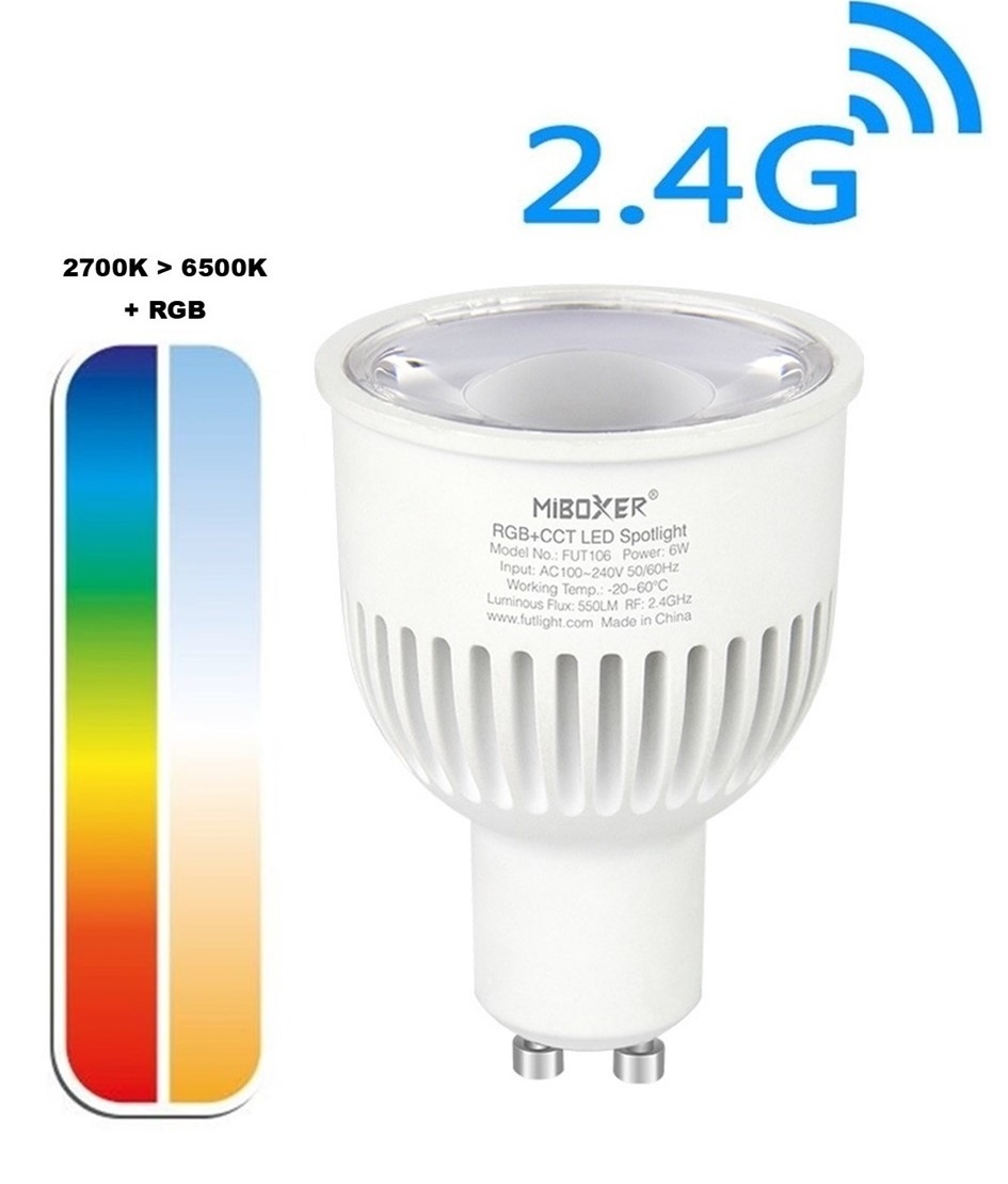 MiBoxer GU10 LED Spot 6w RGB + CCT, 2.4Ghz, 550 Lumen, 2 Jaar Garantie - FUT106