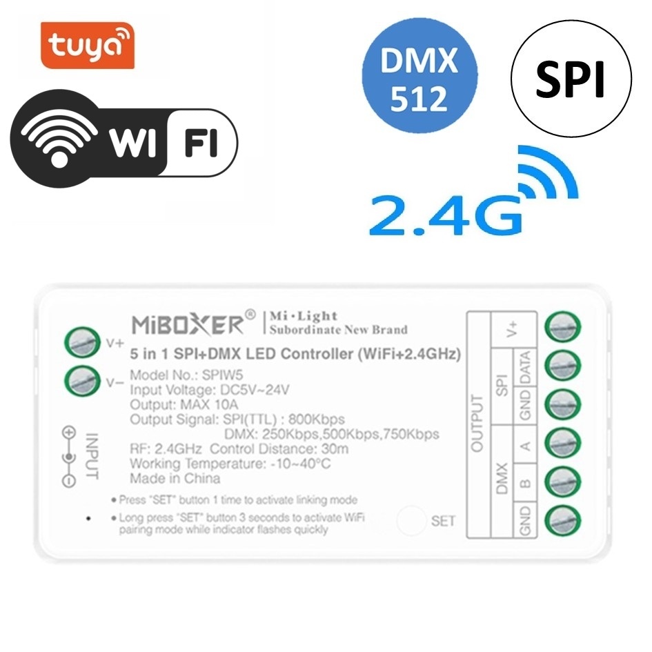Miboxer SPIW5 - SPI / Digital LED Strip Controller | 5in1 Mono / CCT /RGB / RGBW / RGBCCT | Max 10A | Wifi + 2.4Ghz + DMX