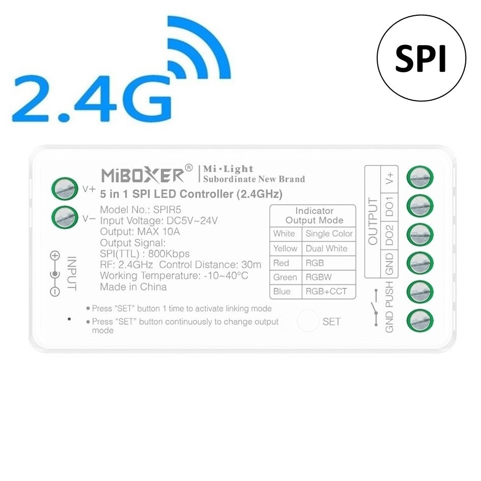 Miboxer SPIR5 - SPI / Digital LED Strip Controller | 5in1 Mono / CCT /RGB / RGBW / RGBCCT | Max 10A | 2.4Ghz